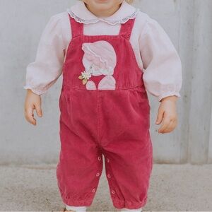 VINTAGE 70s 80s Corduroy Appliqué Overalls w/ Gingham Peter Pan Collar Blouse